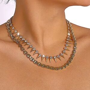 Gold Spiked Multilayer Crystal Choker Punk Necklace